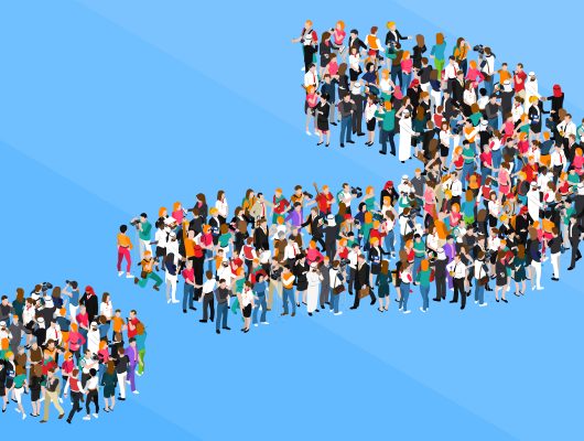 Organized crowd standing in form of question mark isometric design concept on blue background vector illustration